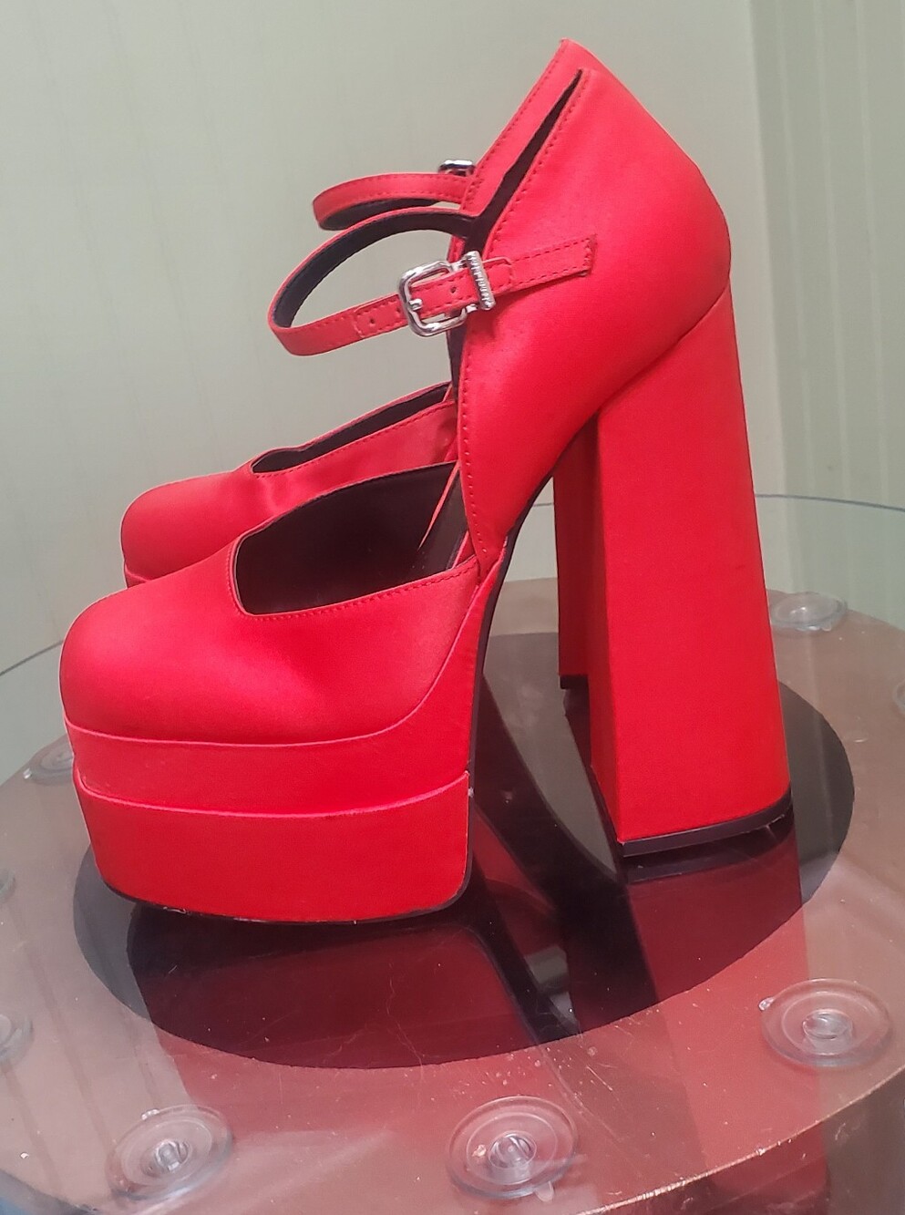 Red Platform Mary Jane High Heel Pumps
